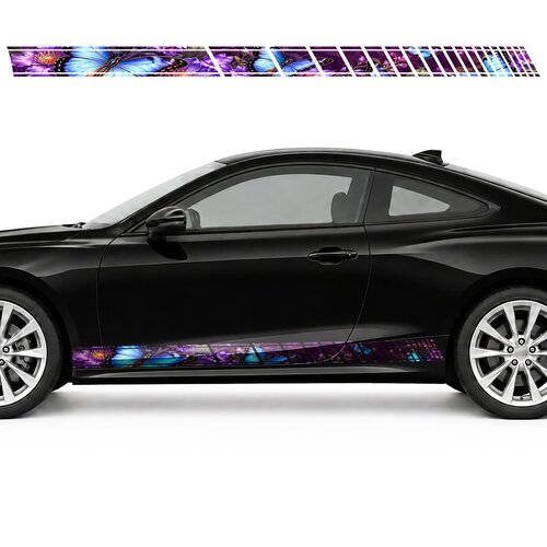 Blue Morpho Butterflies over Purple Flowers side door racing stripes decals stickers for Cars