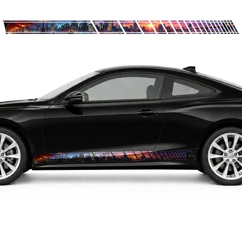 Rainy City Skyline in Crimson and Turquoise Reflections side door racing stripes decals stickers for Cars