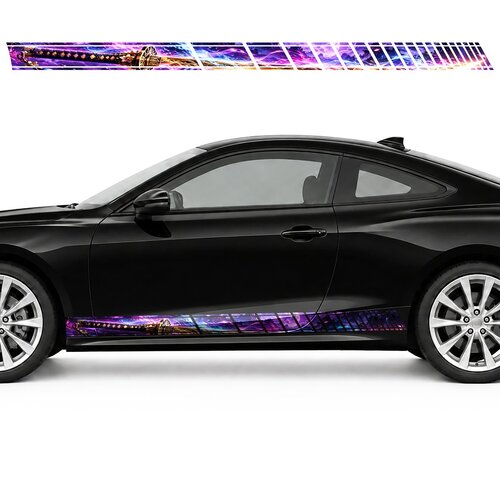 Golden Katana in a Magenta and Cyan Glow side door racing stripes decals stickers for Cars