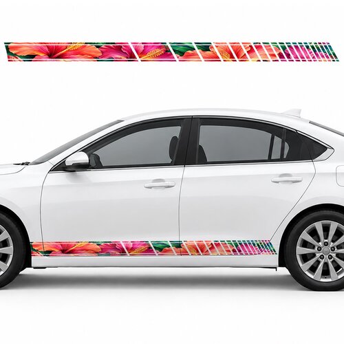 Coral Hibiscus among Tropical Leaves side door racing stripes decals stickers for Cars