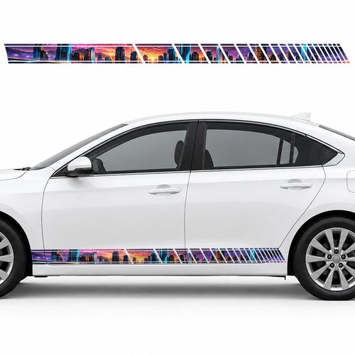 Neon Skyline of a Futuristic City side door racing stripes decals stickers for Cars