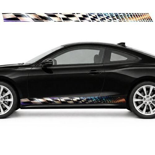 Checkered Swirl of Cyan, Orange and Violet side door racing stripes decals stickers for Cars