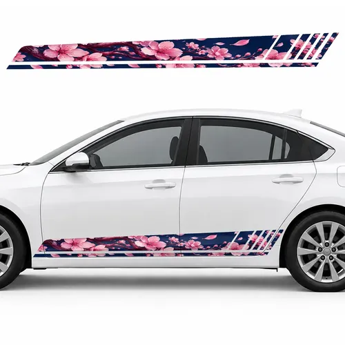 Cherry Blossoms on Dark Blue GT racing side door stripes decals stickers for Cars